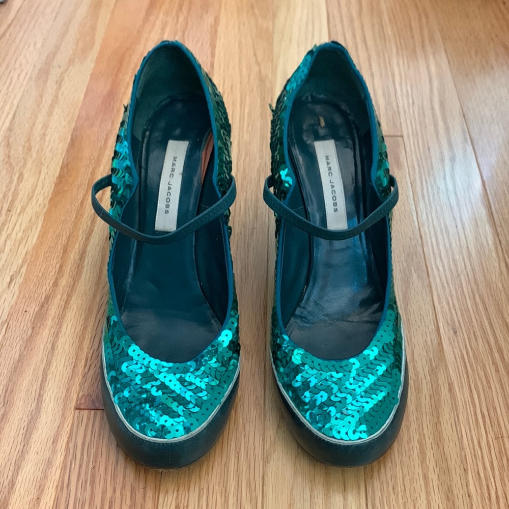 Marc Jacobs Sequin Emerald Green Mary Jane Heels 39.5
